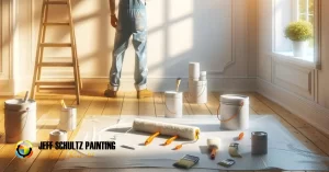 A house painter painting a house interior with his painting supplies
